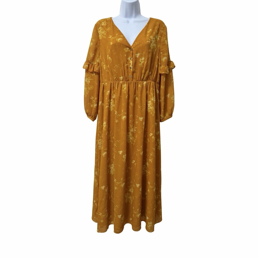 Madewell Ruffle Sleeve Floral Midi Dress Size 6 Tonal Botanical Yellow Modest